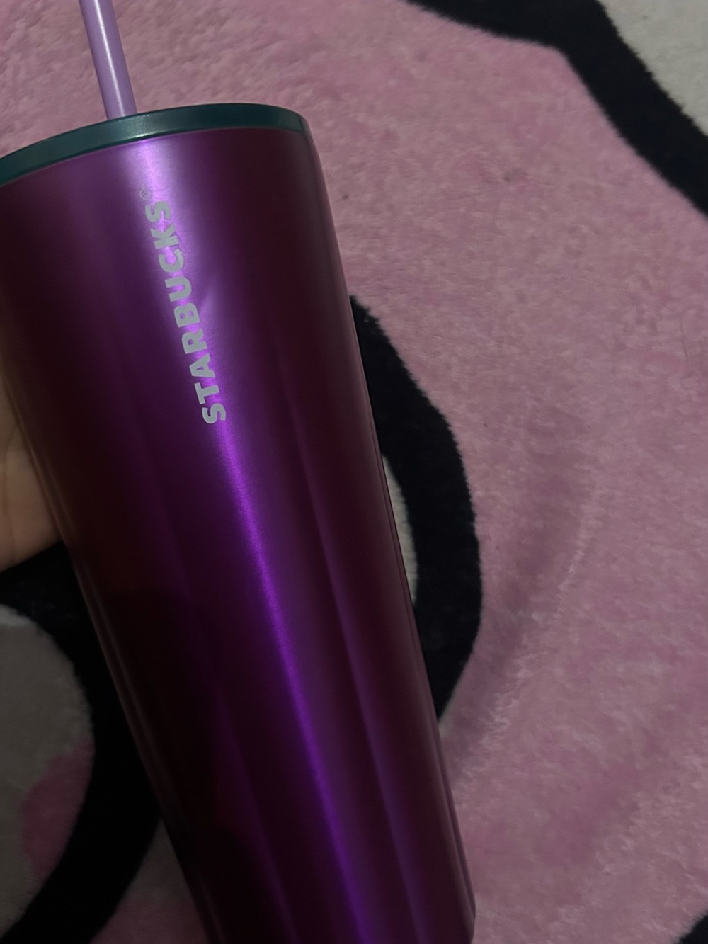 Starbucks Metallic Purple Tumbler with Green Trim and Purple Straw